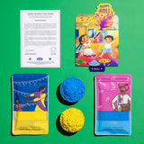 Vibrant yellow and red natural Holi gulal powder in festive packaging with greeting card