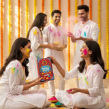 Vibrant Natural Holi Gulal Powder box in red and blue with yellow, red skin-friendly colors for Rangoli
