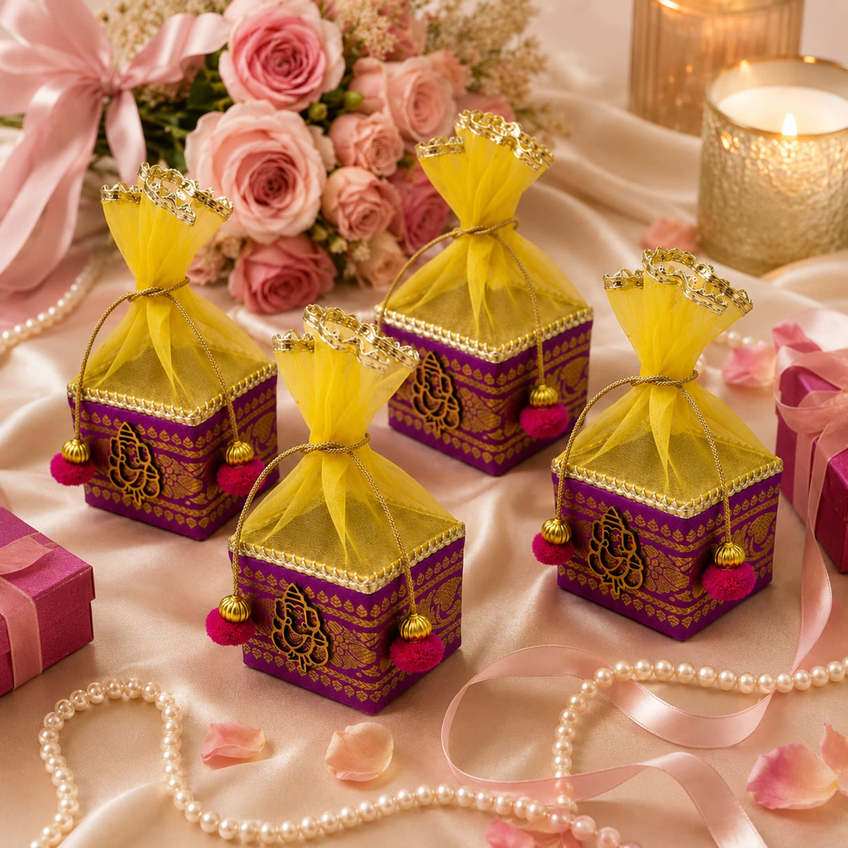 Purple and gold ornate small potli gift boxes with yellow organza drawstrings and pink pom-pom tassels for festive use