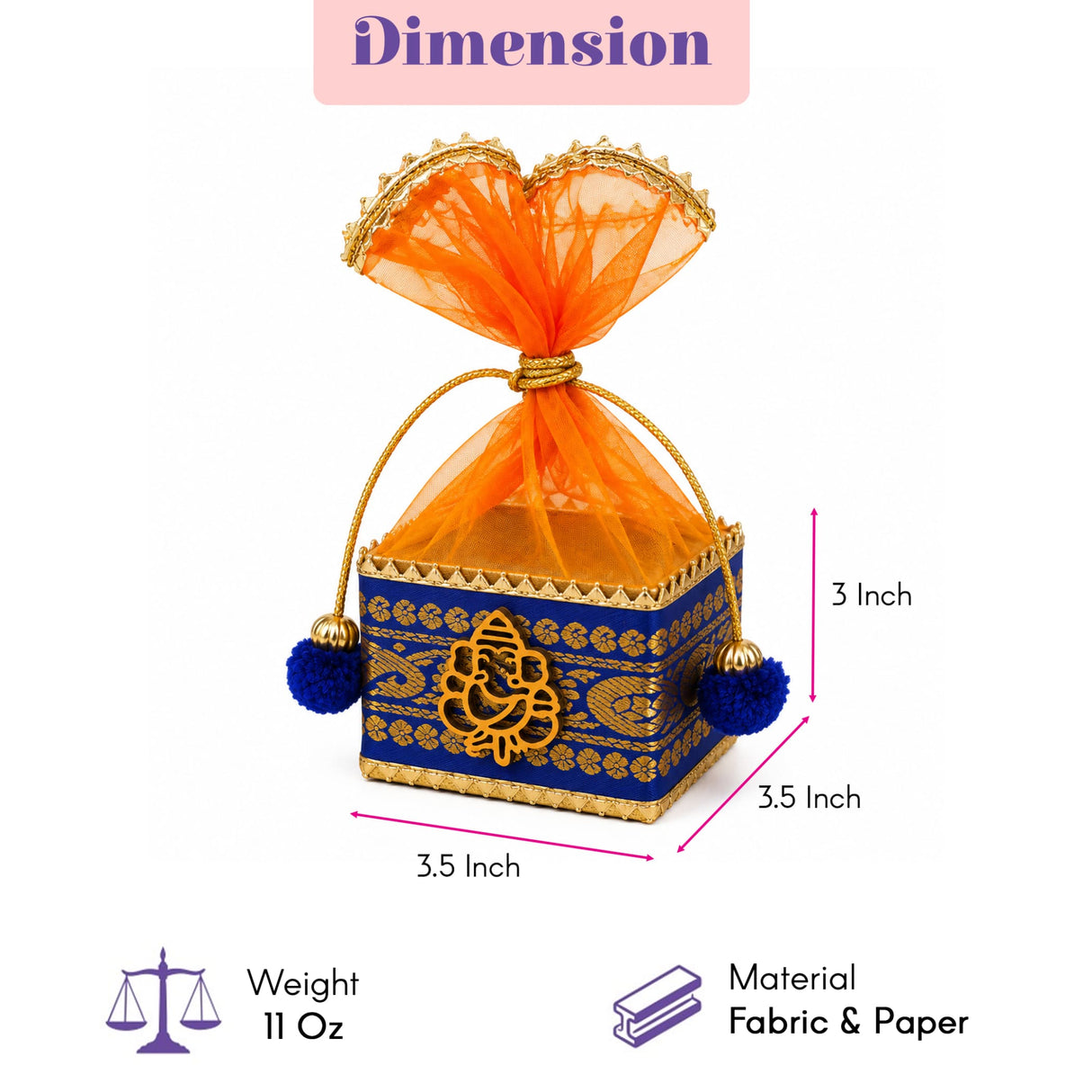 Pack of 4 small blue and gold decorative net potli gift boxes with orange organza bow for Indian wedding and festival favors
