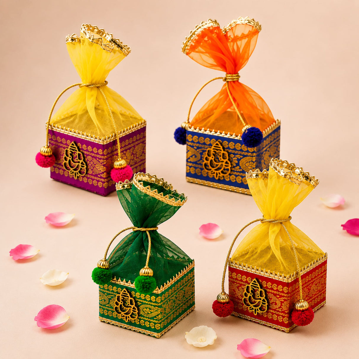 Pack of 4 colorful square potli gift boxes with intricate gold embroidery and pom-pom handles for indian wedding favors