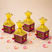Pack of 4 small purple and gold net potli gift boxes with embroidered ganesha motifs and yellow organza bags for indian weddings