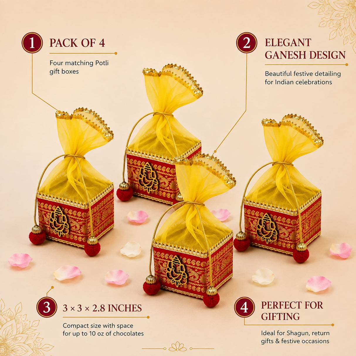 Pack of 4 small red and gold potti gift boxes with elegant ganesha design yellow organza cover and red pom-pom feet