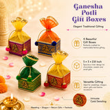 Pack of 4 small potli gift boxes with gold ganesha motifs and colorful sheer organza drawstrings for festive gifting