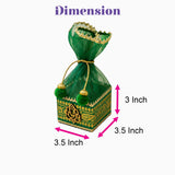 Pack of 4 small green sheer organza potli gift pouches with gold embroidered ganesha design and pom-pom drawstring ideal for jewelry and dry fruits packing