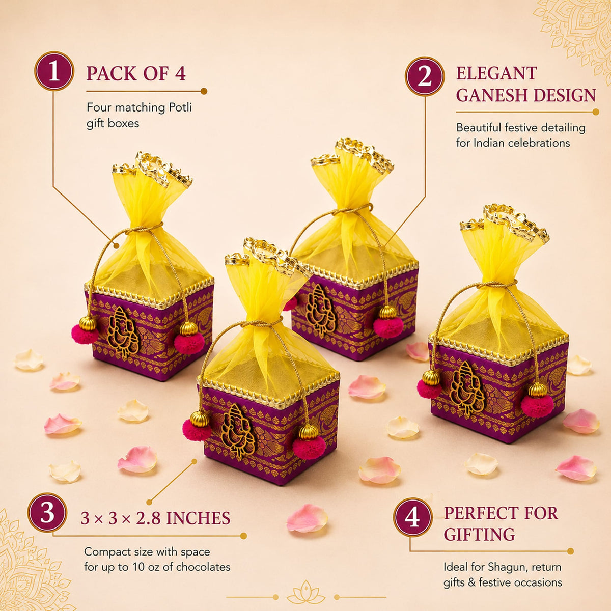 Pack of 4 purple and gold potli gift boxes with embroidered ganesha designs sheer yellow organza tops and pink pom-poms