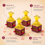 Pack of 4 purple and gold potli gift boxes with embroidered ganesha designs sheer yellow organza tops and pink pom-poms