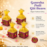Pack of 4 small purple and gold ganesha-themed potli gift boxes with yellow organza drawstrings for jewelry and dry fruits