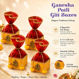 Pack of 4 small red and gold ganesha potli gift boxes with intricate gold detailing and yellow pom-poms for festive use