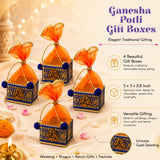 Blue and gold ganesha-themed potli gift boxes with orange organza bows for dry fruits jewelry organizer and festive favors