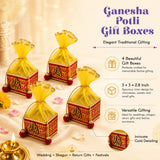 Pack of 4 small red and gold ganesha-themed potli gift boxes with yellow organza drawstrings for jewelry and dry fruits