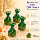 Green ganesha-themed net potli gift boxes with gold detailing and pom-pom ties for jewelry and dry fruit packing