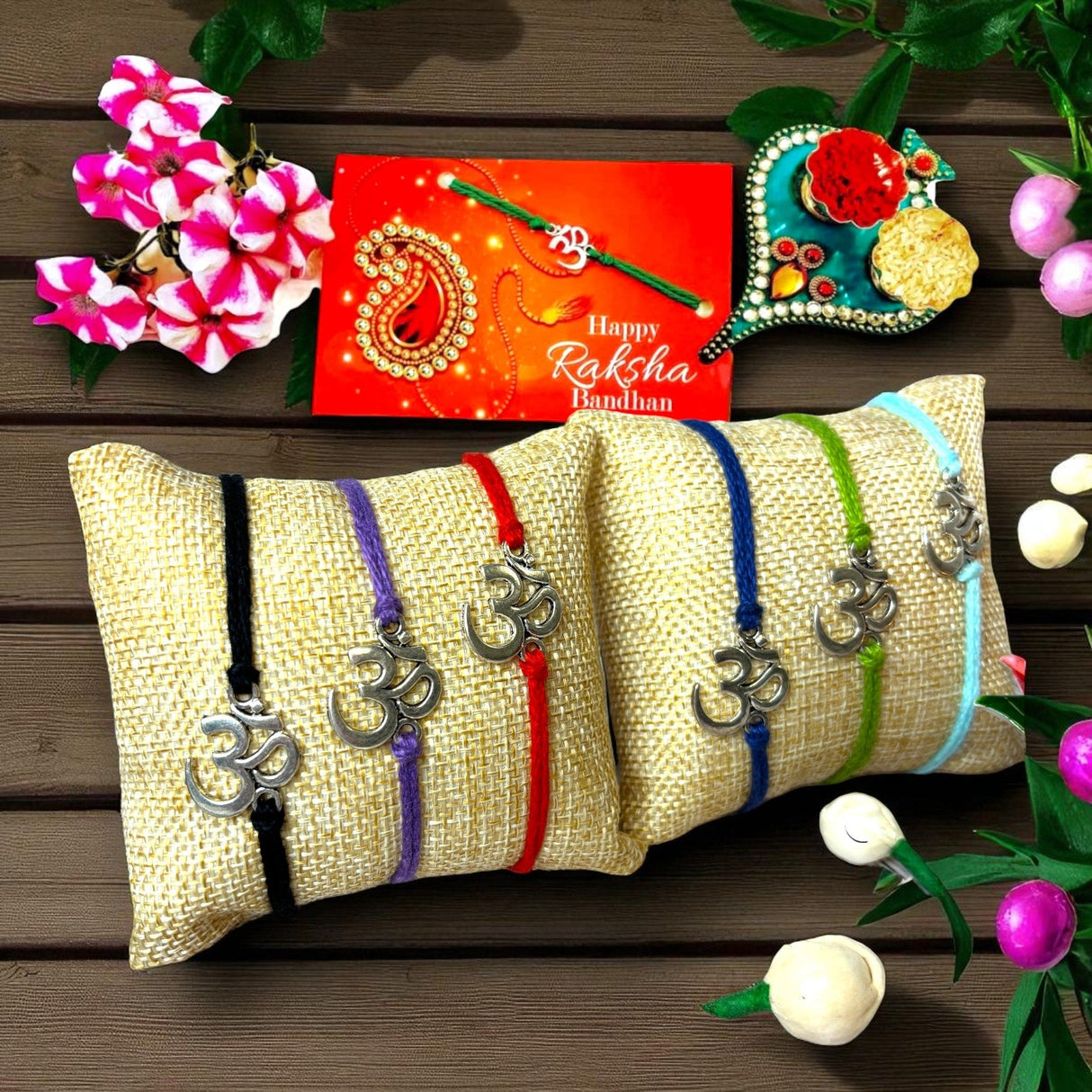 2CT Om Designer Rakhi for Brother Bhaiya Bhabhi Traditional Handmade Rakhi Set Roli Chawal, Greeting Card Rakshabandhan Rakhi Bracelet Hamper Gift Thread Bracelet - LoveNspire