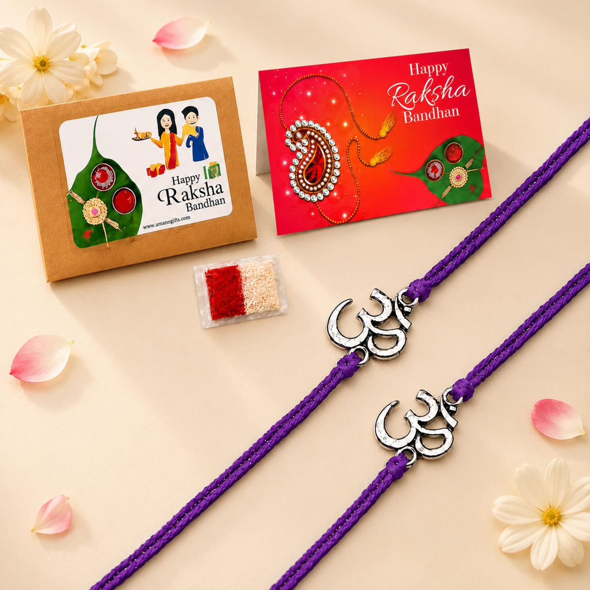Purple braided rakhi with silver om charm featuring roli chawal and greeting card for brother and bhabhi protection