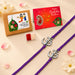 Purple braided rakhi with silver om charm featuring roli chawal and greeting card for brother and bhabhi protection