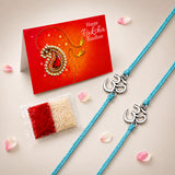 Two turquoise designer om rakhi bracelets with silver-toned om charms for brother and bhabhi traditional protection gift