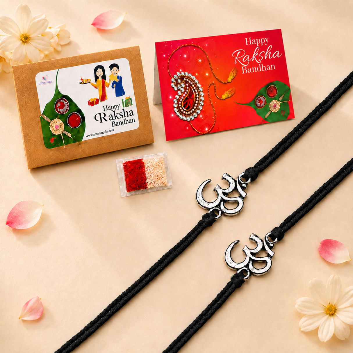 Black braided rakhi with silver om charm handmade for brother and bhabhi symbolizing protection and good luck