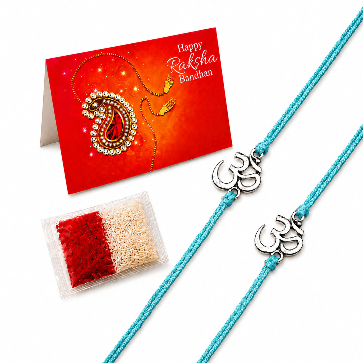 Two turquoise rakhi bracelets featuring silver-toned om symbol charms for brother and bhabhi protection gift