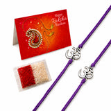 Two purple braided rakhi bracelets with silver om symbol charms designed for brother and bhabhi protection gift