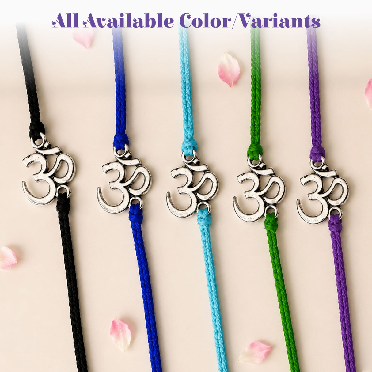 Silver om symbol charms on colorful braided cords in designer om rakhi set for brother and bhabhi protection gift