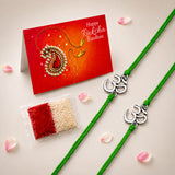 Green braided designer om rakhi with silver charm traditional handmade bracelet for brother and bhabhi gift set