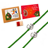Green braided cord rakhi with silver om charm designed for brother and bhabhi traditional handmade protection bracelet