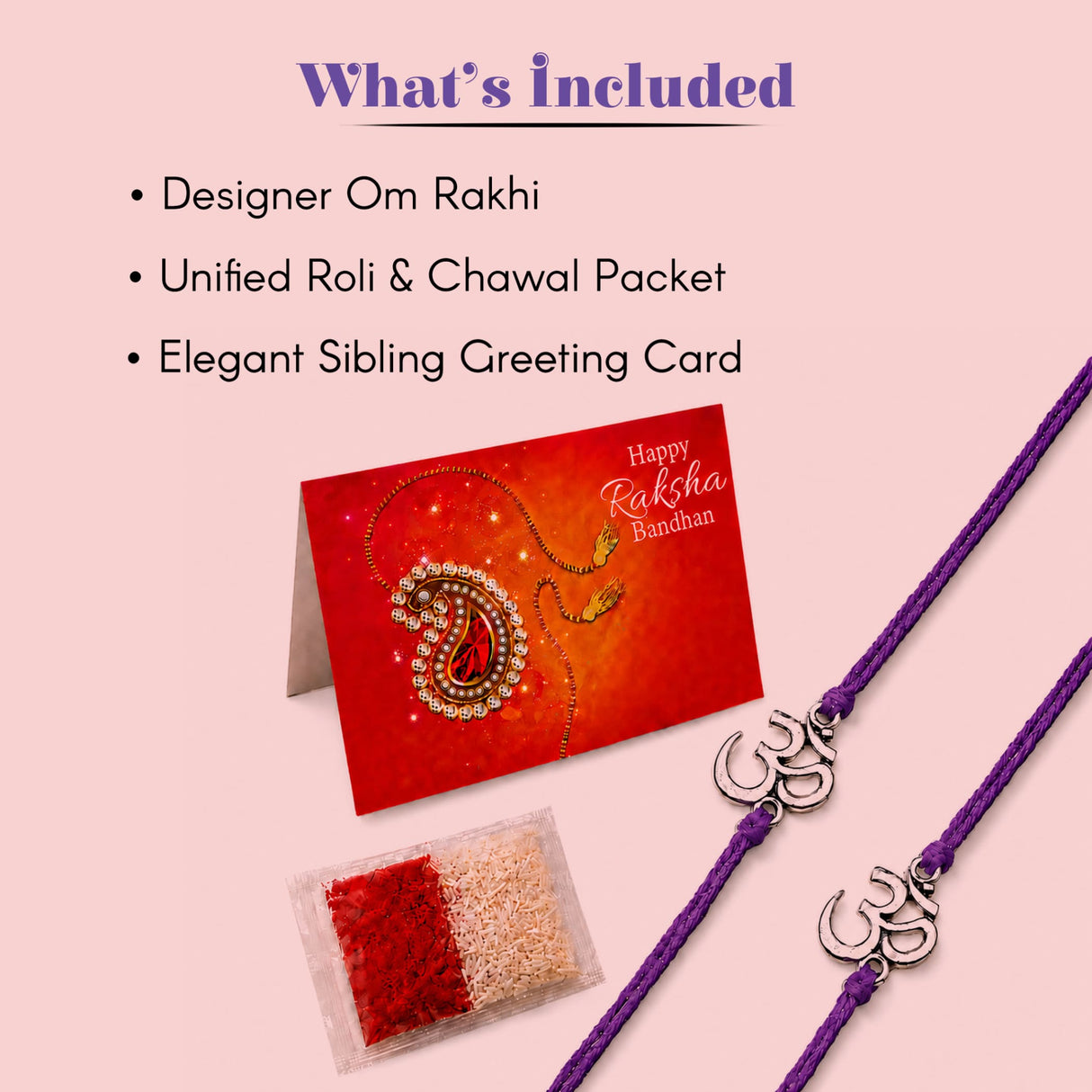 Purple designer om rakhi with silver-colored metallic charm for brother and bhabhi traditional handmade gift set