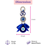 A 6-inch evil eye car charm with silver chain om symbol two blue evil eye beads and royal blue satin ribbon hanging ornament