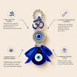 Blue glass evil eye charm with silver om symbol and beaded chain for hanging decoration and good luck
