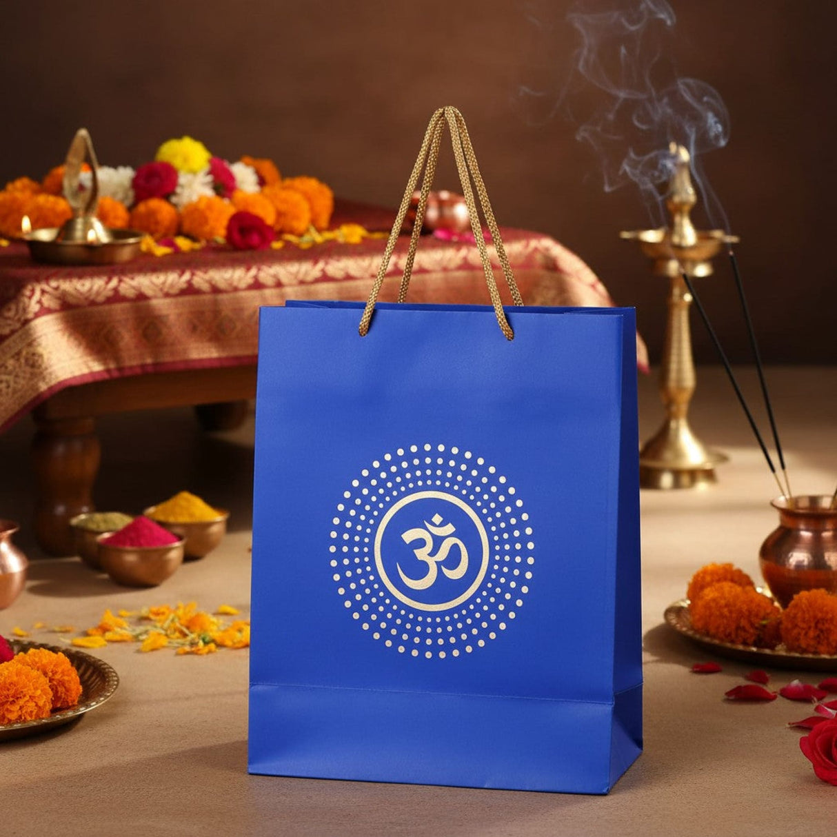 Vibrant blue Om paper carry bag with gold handles, 8x4x10 inch eco-friendly gift bag
