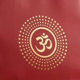 Red eco-friendly paper carry bag featuring a gold om symbol encircled by golden dots for indian festive gifts