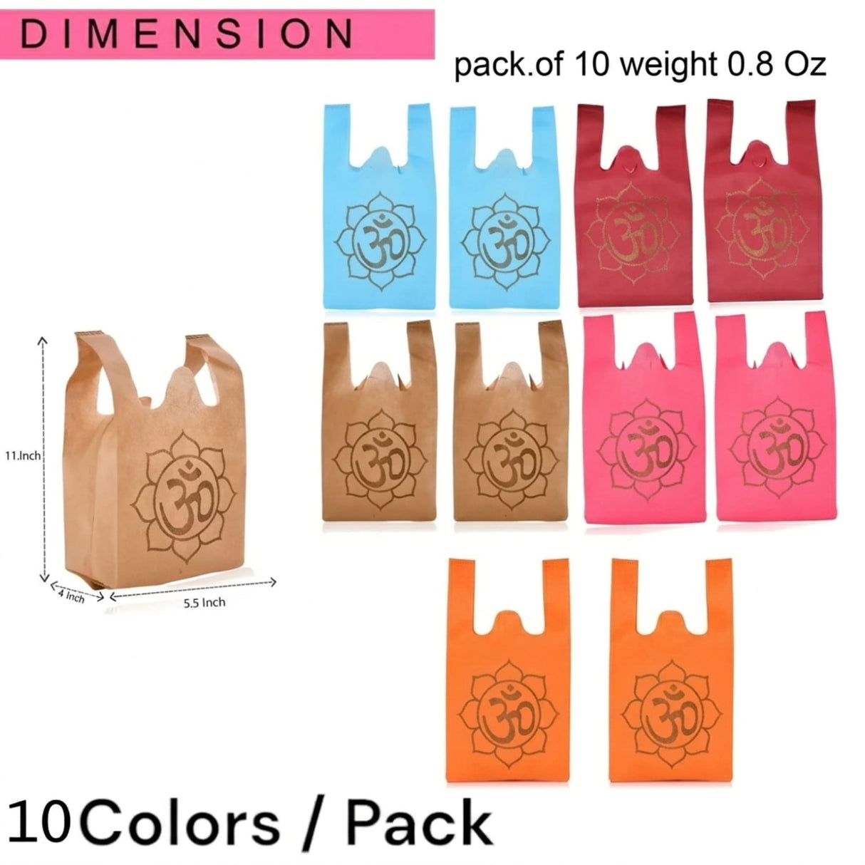 Set of ten colorful lightweight reusable non woven shopping bags with embossed om lotus design for Indian wedding puja