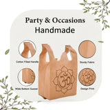 A tan handmade party bag made of sturdy fabric with a central om symbol for Indian wedding puja use