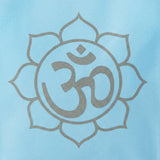 Light blue non woven gift bag with gray om symbol in lotus design for Indian wedding housewarming puja