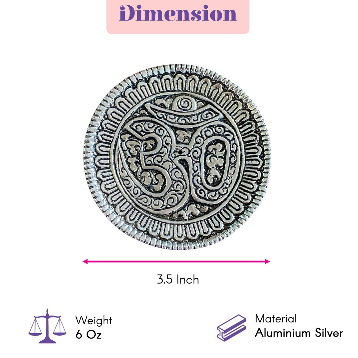 Silver-colored aluminum om symbol incense stick holder with intricate floral engravings for temple and meditation use