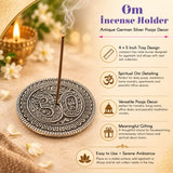 Antique german silver om incense holder with intricate spiritual detailing and 4x5 inch tray for pooja and meditation