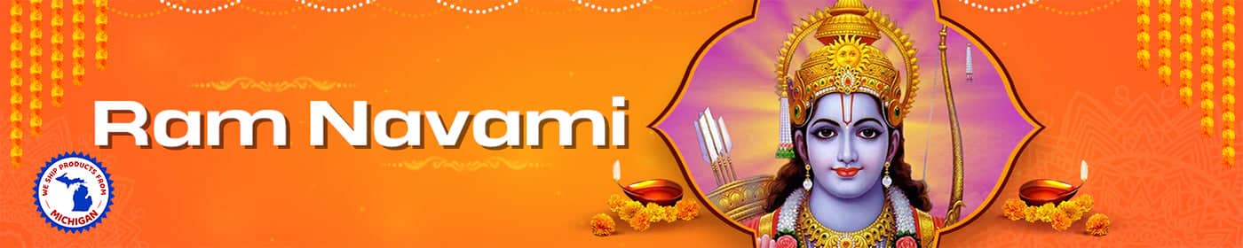 Orange and gold banner featuring a divine figure with blue complexion and ornate crown for Ram Navami celebration.