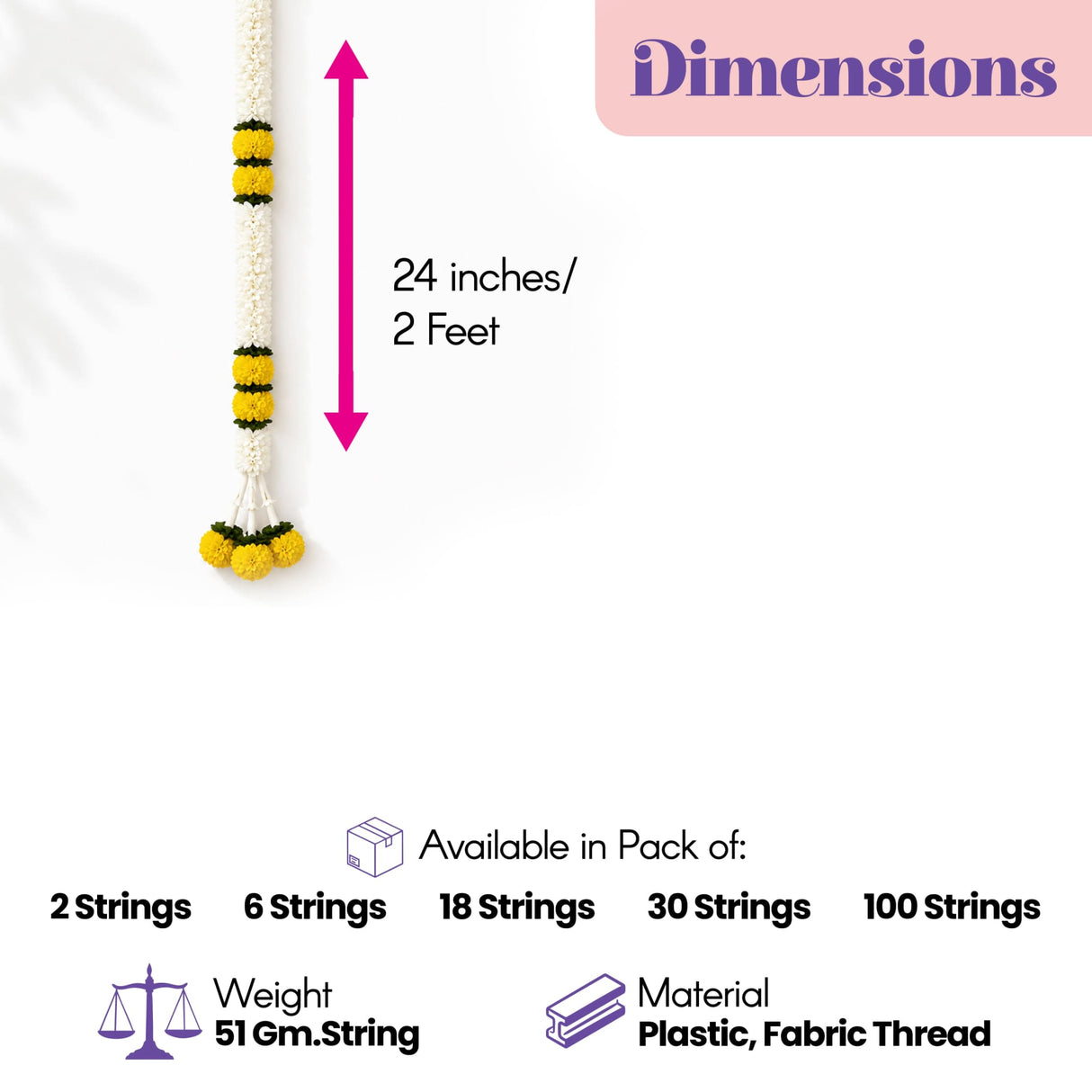 A 24-inch artificial jasmine marigold garland with yellow and white flowers on fabric thread for festive decoration