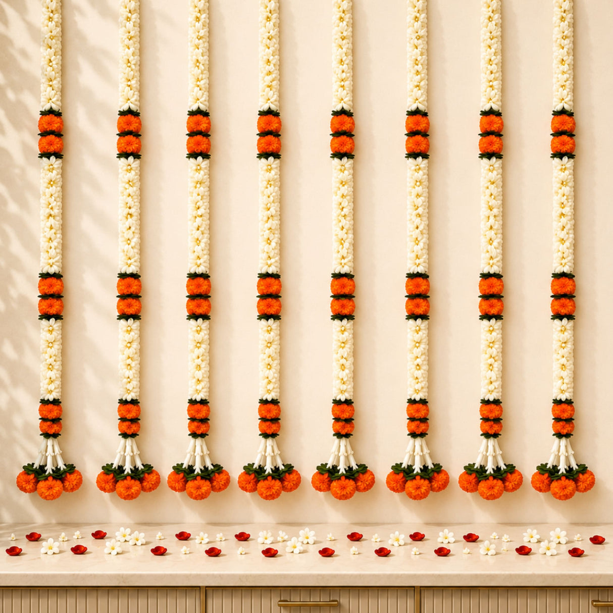 Elegant artificial jasmine marigold garland with white orange flowers and black accents for festive home décor