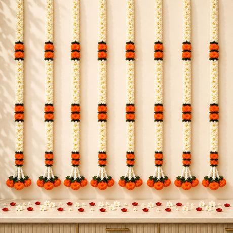 Elegant artificial jasmine marigold garland with white orange flowers and black accents for festive home décor