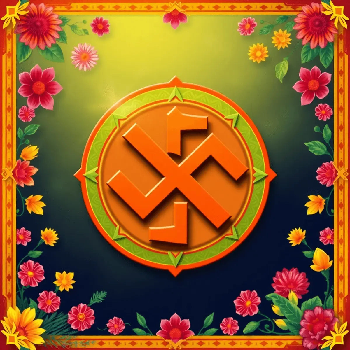 A vibrant swastik symbol surrounded by colorful flowers and traditional textiles, set against a harmonious background of nature and cultural patterns.