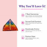 Orgonite pyramid with rainbow colors, real gemstones, and gold symbols for chakra healing and spiritual energy