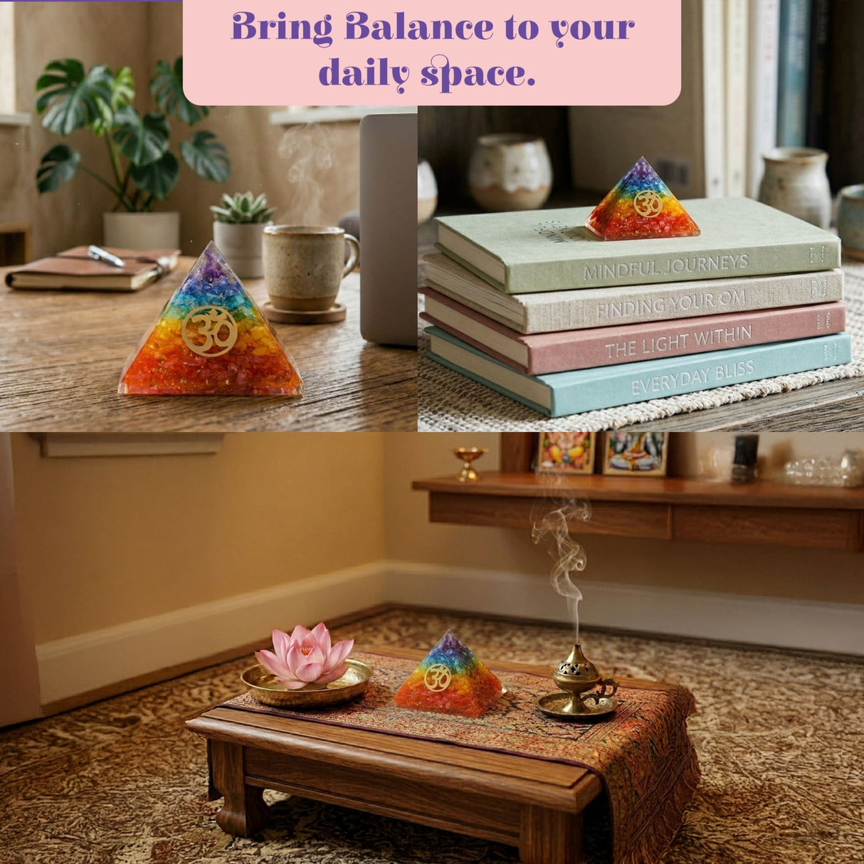 Orgonite pyramid with rainbow-colored seven chakra gemstones and an om symbol for spiritual healing and meditation