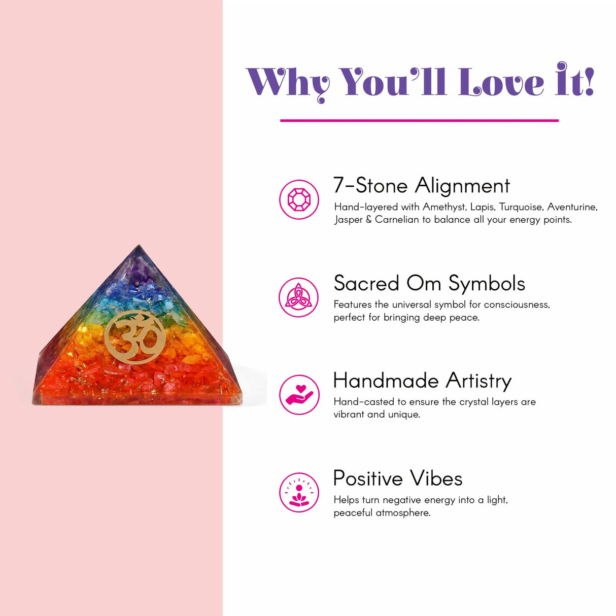 Orgonite pyramid with seven chakra gemstones in vibrant rainbow layers featuring a golden om symbol for spiritual healing