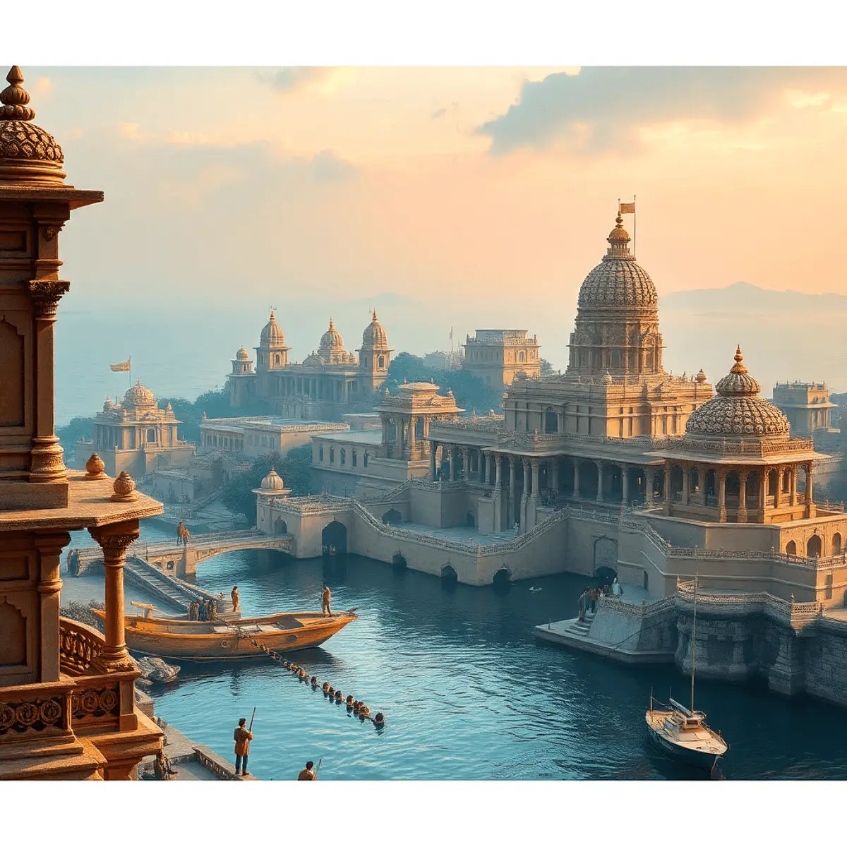 A breathtaking view of the ancient city of Dwarka, showcasing elaborate temples and intricate architecture against a tranquil coastline, evoking Hindu mythology.