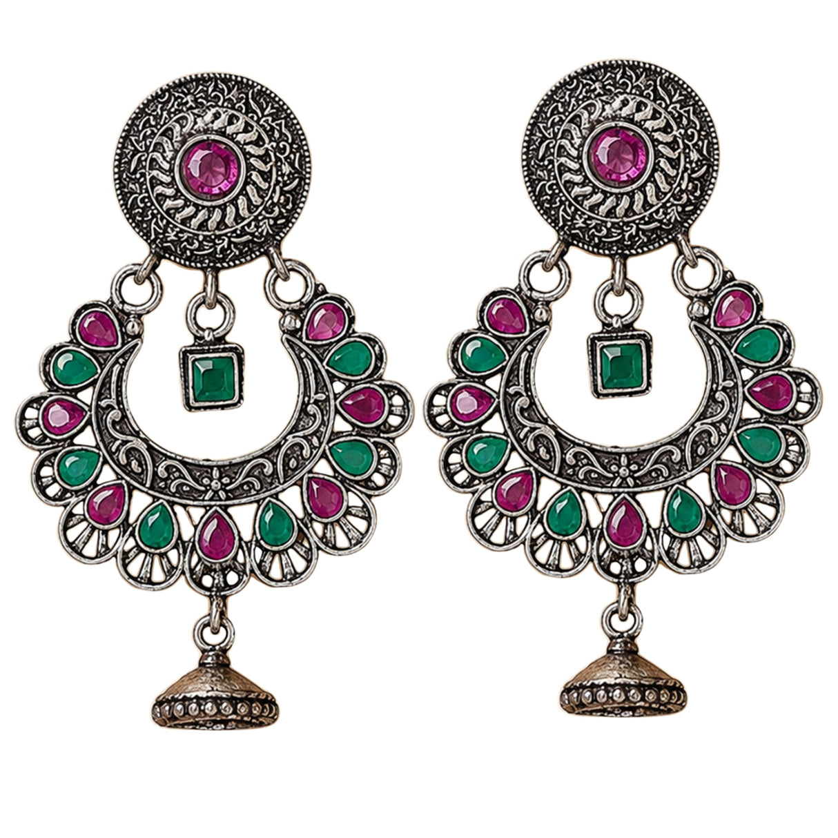 Indian oxidized silver chandbali earrings with pink and green gemstones and jhumka bells for traditional ethnic wear