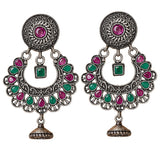 Indian oxidized silver chandbali earrings with pink and green gemstones and jhumka bells for traditional ethnic wear