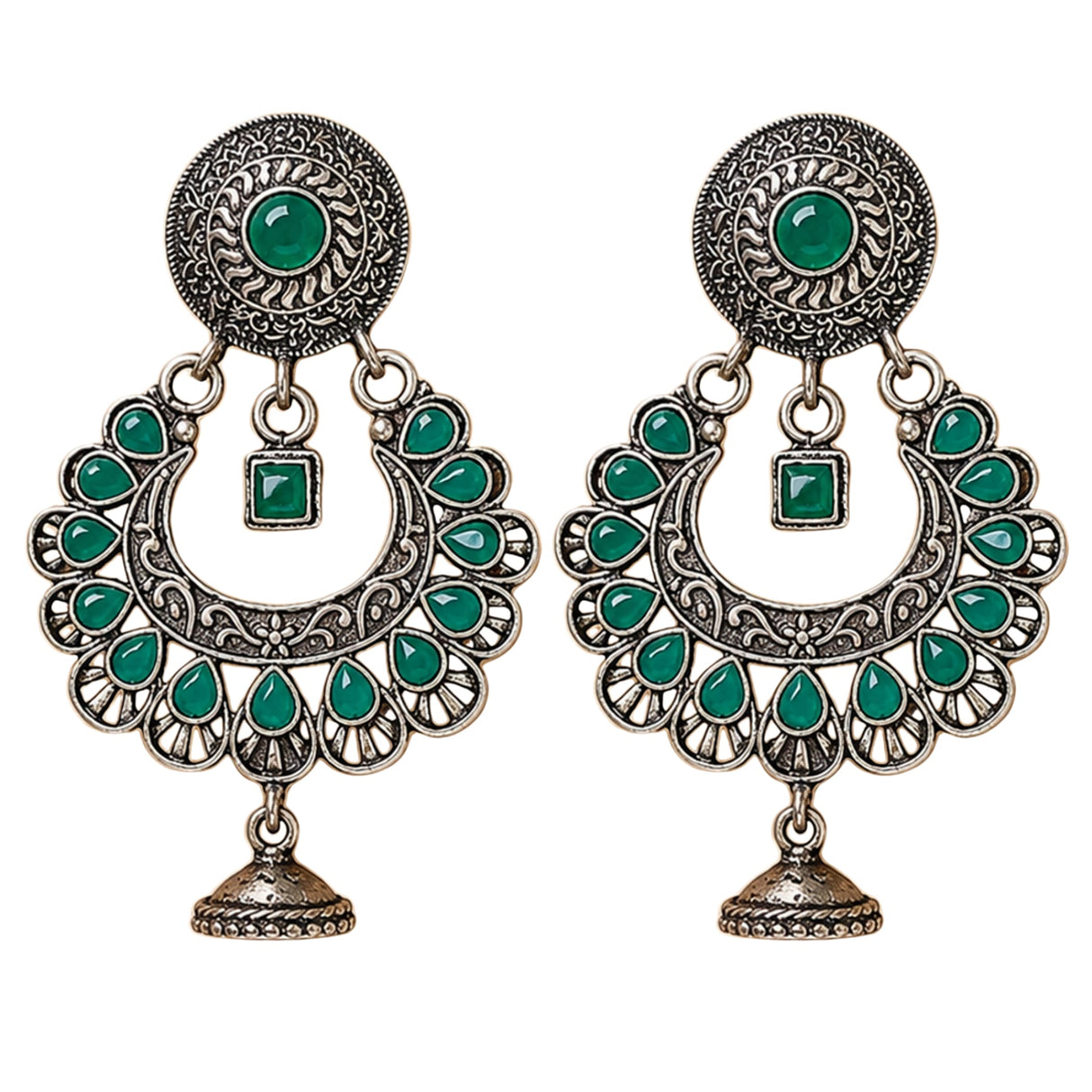Indian oxidized floral chandbali earrings with intricate silver filigree and green stones featuring jhumka bells for ethnic wear