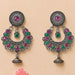 Indian oxidized floral chandbali earrings with silver filigree, pink and green gemstones, bell detail for ethnic wear