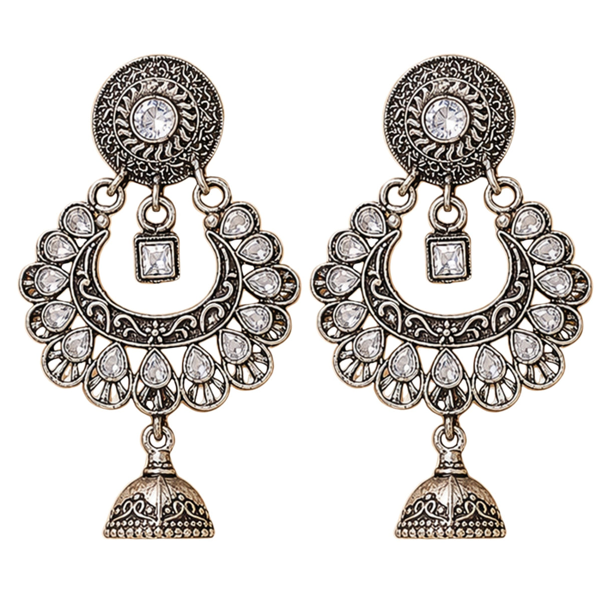 Silver-toned oxidized floral chandbali jhumka earrings with intricate filigree clear crystals and bell pendant for ethnic wear